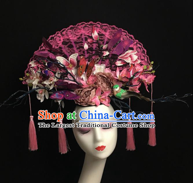Chinese Stage Show Rosy Lace Magnolia Hair Accessories Traditional Catwalks Palace Headdress for Women