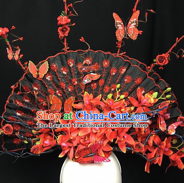 Chinese Stage Show Red Flowers Fan Hair Accessories Traditional Catwalks Palace Headdress for Women