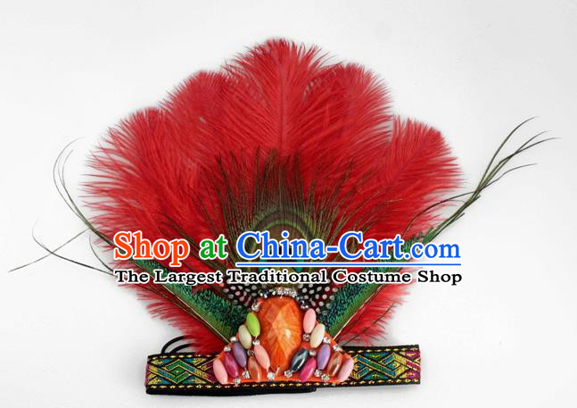 Top Halloween Stage Show Red Feather Hair Accessories Catwalks Primitive Tribe Hair Clasp for Women