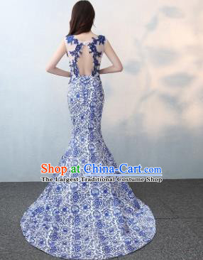 Chinese Traditional Elegant Blue Lace Qipao Dress Classical Costume Mermaid Cheongsam for Women