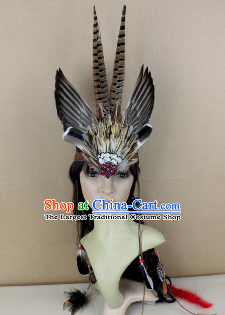 Top Halloween Apache Knight Black Feather Headpiece Carnival Catwalks Primitive Tribe Headwear