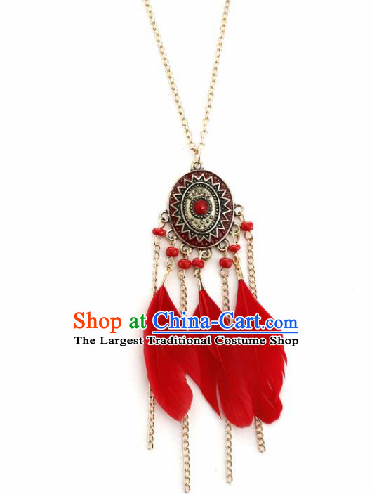 Handmade Bohemian Red Feather Necklace Stage Show Dance Necklet Accessories for Women