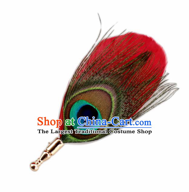 Handmade Red Feather Breastpin Accessories Stage Show Peacock Feather Brooch for Women