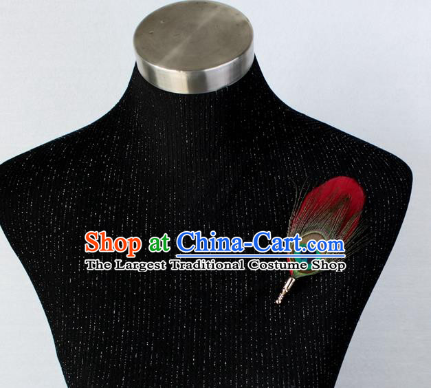 Handmade Red Feather Breastpin Accessories Stage Show Peacock Feather Brooch for Women