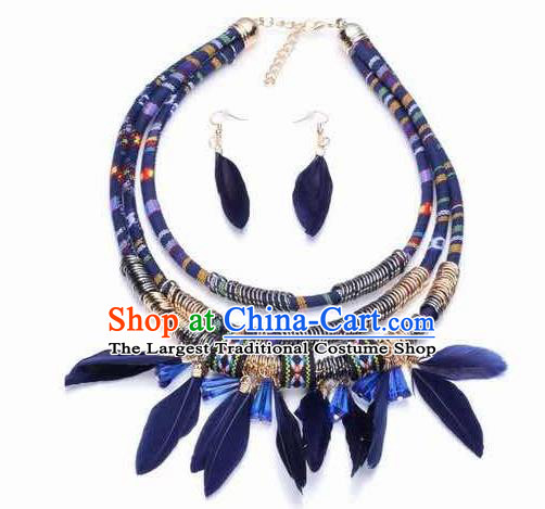 Handmade Blue Feather Necklace Stage Show Necklet and Earrings Accessories for Women
