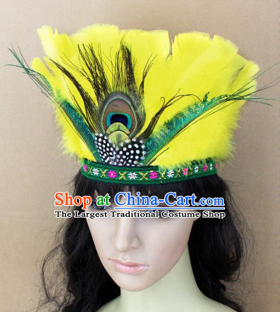 Top Rio Carnival Dance Hair Accessories Primitive Tribe Apache Knight Yellow Feather Headwear for Adults