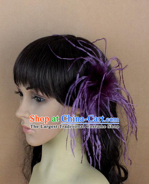 Handmade Carnival Purple Ostrich Feather Hair Claw Miami Stage Show Feather Hair Accessories for Women