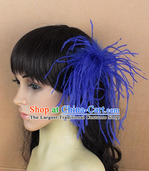 Handmade Carnival Blue Ostrich Feather Hair Claw Miami Stage Show Feather Hair Accessories for Women