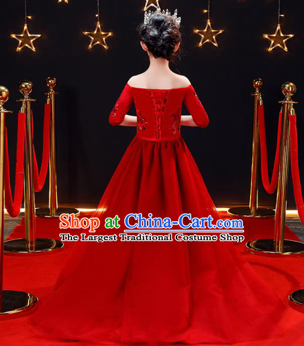Top Modern Dance Costume Children Opening Dance Compere Performance Red Full Dress for Girls Kids