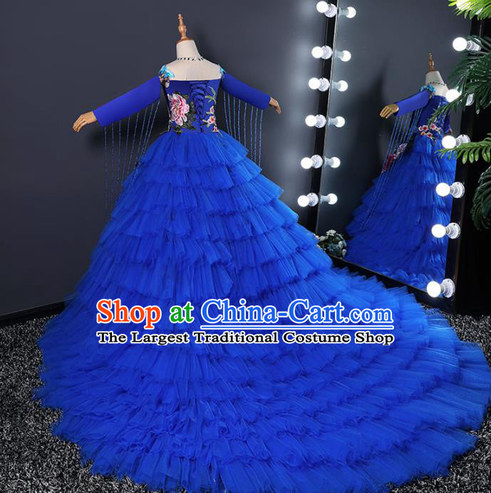 Children Modern Dance Costume Opening Dance Compere Catwalks Royalblue Veil Trailing Dress for Girls Kids