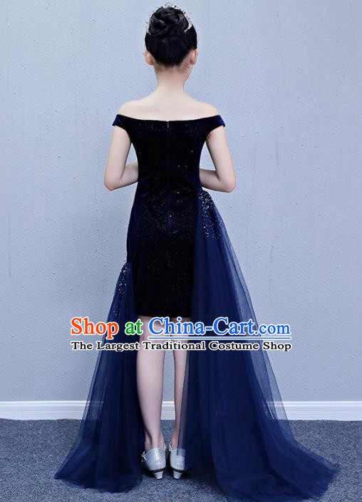 Children Modern Dance Costume Court Dance Compere Blue Full Dress for Girls Kids