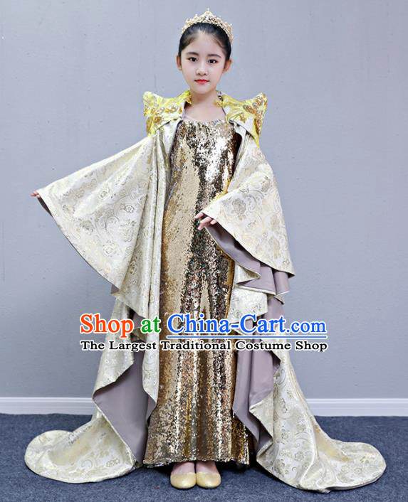 Children Modern Dance Costume Court Dance Compere Golden Trailing Full Dress for Girls Kids
