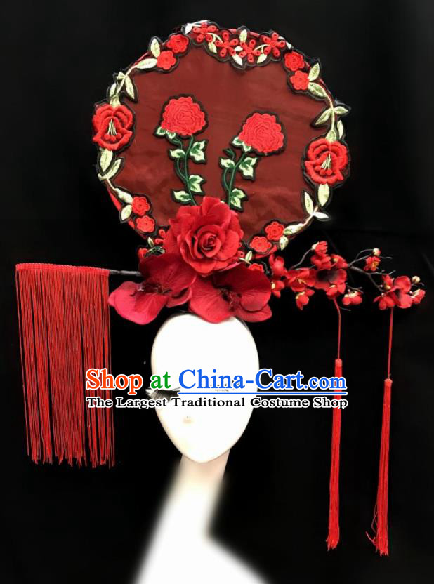 Top Chinese Stage Show Red Peony Flowers Tassel Hair Accessories Halloween Fancy Dress Ball Headdress for Women