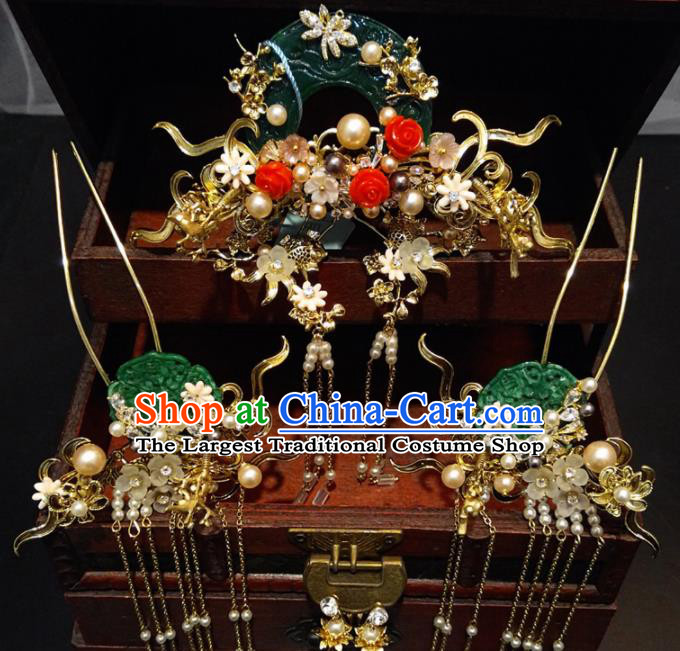 Top Chinese Traditional Wedding Jade Phoenix Coronet Classical Hairpins Headdress for Women