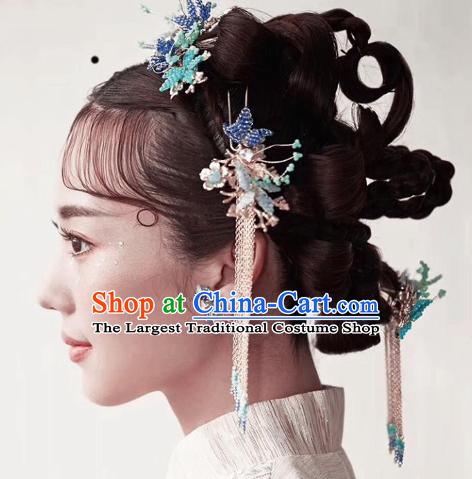 Top Chinese Traditional Hair Accessories Ancient Classical Blue Beads Palace Hairpins Complete Set for Women