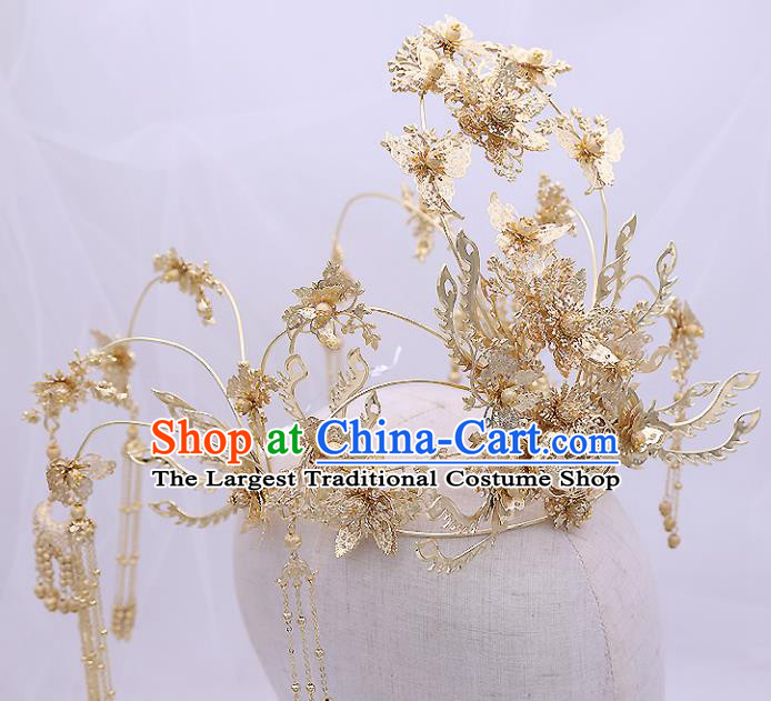 Top Chinese Traditional Wedding Hair Accessories Classical Golden Phoenix Coronet Hairpins Headdress for Women