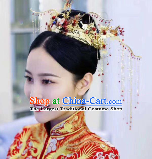 Top Chinese Traditional Wedding Hair Accessories Ancient Palace Red Tassel Phoenix Coronet Hairpins for Women
