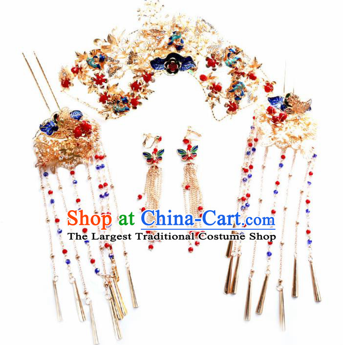 Top Chinese Traditional Wedding Hair Accessories Ancient Blueing Phoenix Coronet Hairpins Complete Set for Women