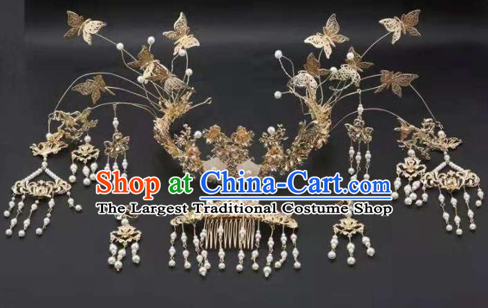 Top Chinese Traditional Wedding Hair Accessories Ancient Golden Butterfly Phoenix Coronet Hairpins Complete Set for Women
