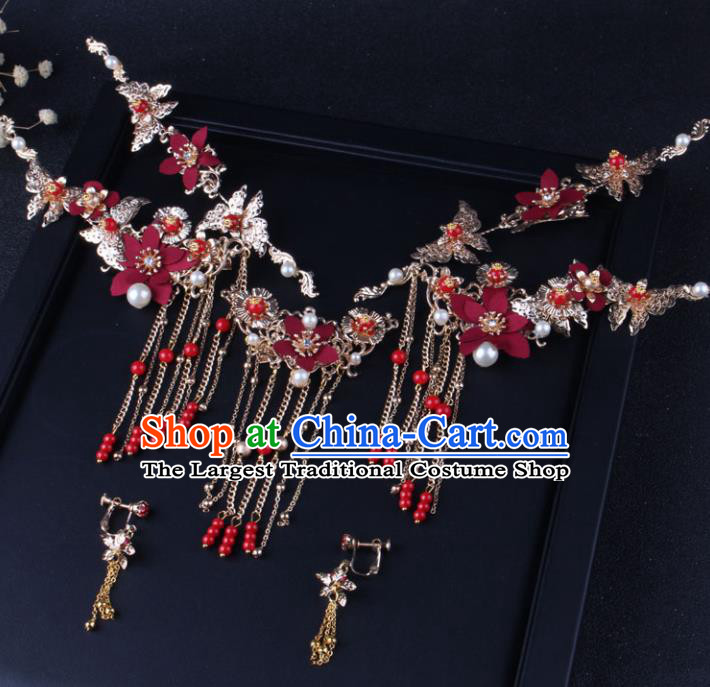 Top Chinese Traditional Hair Accessories Wedding Red Flowers Hair Claws Hairpins for Women