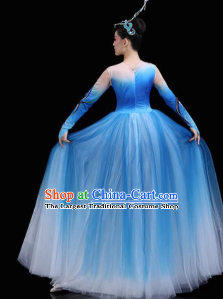 Top Grade Chorus Stage Show Costumes Group Dance Modern Dance Blue Dress for Women