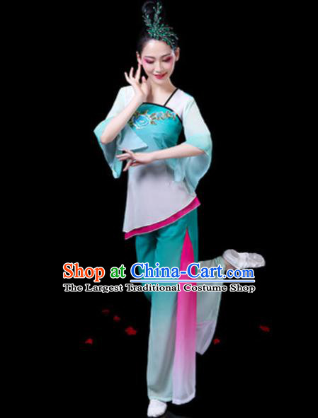 Chinese Traditional Folk Dance Costumes Umbrella Dance Yangko Group Dance Green Clothing for Women