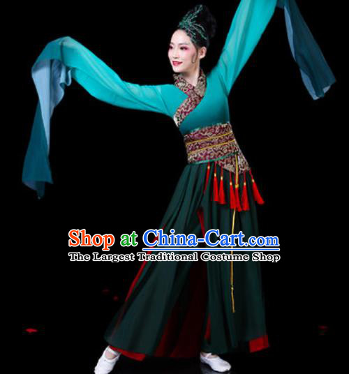 Chinese Classical Dance Costumes Traditional Umbrella Dance Group Dance Atrovirens Dress for Women