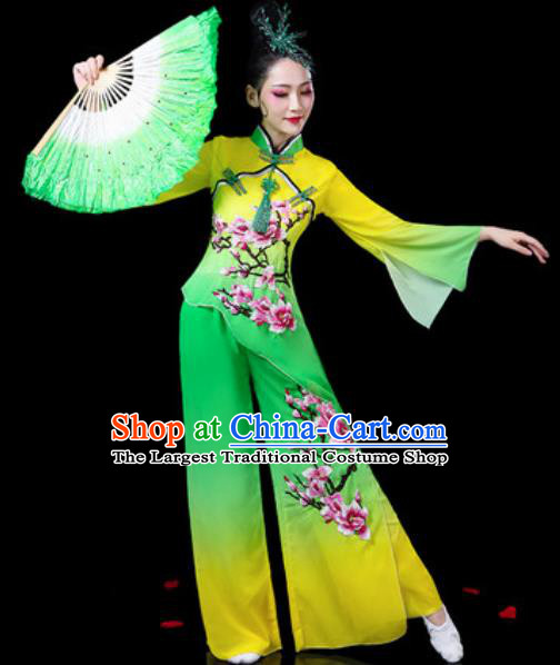 Chinese Traditional Folk Dance Yangko Costumes Fan Dance Drum Dance Green Clothing for Women