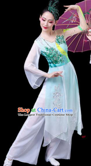 Chinese Classical Dance Umbrella Dance Costumes Traditional Lotus Dance Light Blue Dress for Women