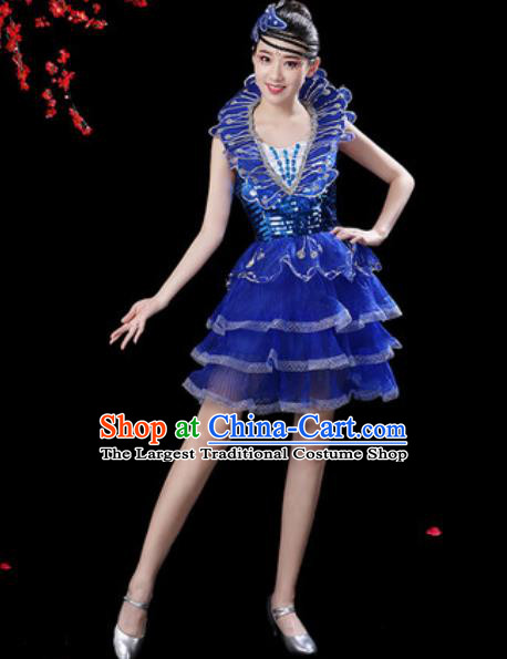 Top Grade Stage Show Costumes Modern Dance Chorus Royalblue Bubble Short Dress for Women