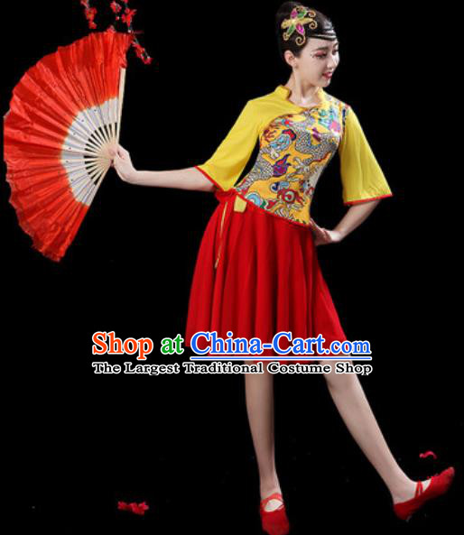 Chinese Folk Dance Drum Dance Costumes Traditional Fan Dance Yangko Red Short Dress for Women