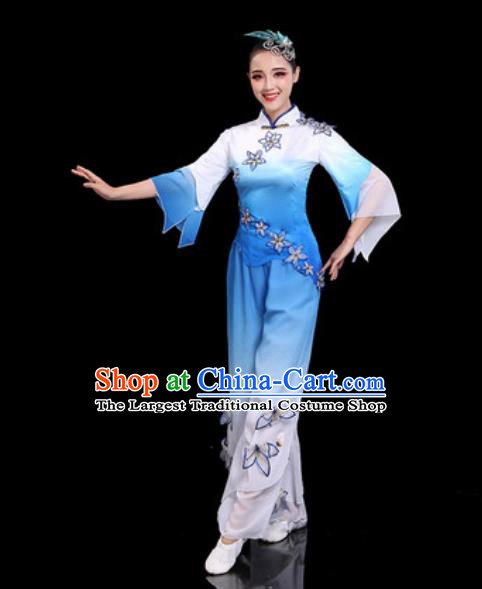 Traditional Chinese Folk Dance Drum Dance Costumes Fan Dance Yangko Blue Clothing for Women