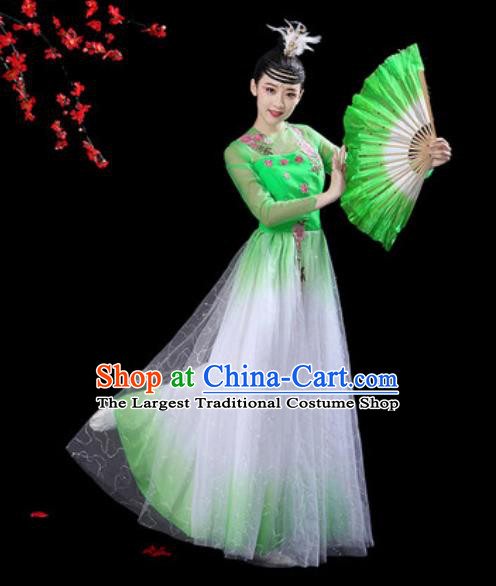 Chinese Classical Dance Green Veil Dress Traditional Umbrella Dance Fan Dance Costumes for Women
