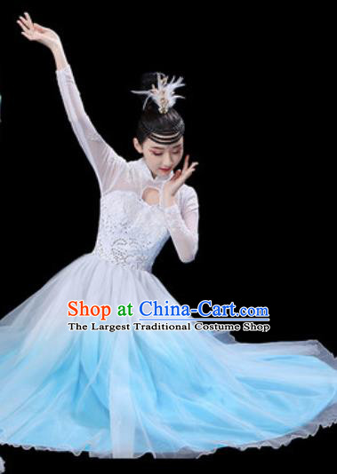 Chinese Classical Dance Chorus Blue Dress Traditional Umbrella Dance Fan Dance Costumes for Women