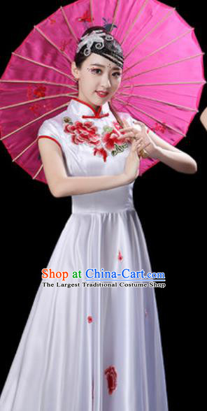 Chinese Classical Dance Chorus White Silk Embroidered Dress Traditional Umbrella Dance Fan Dance Costumes for Women