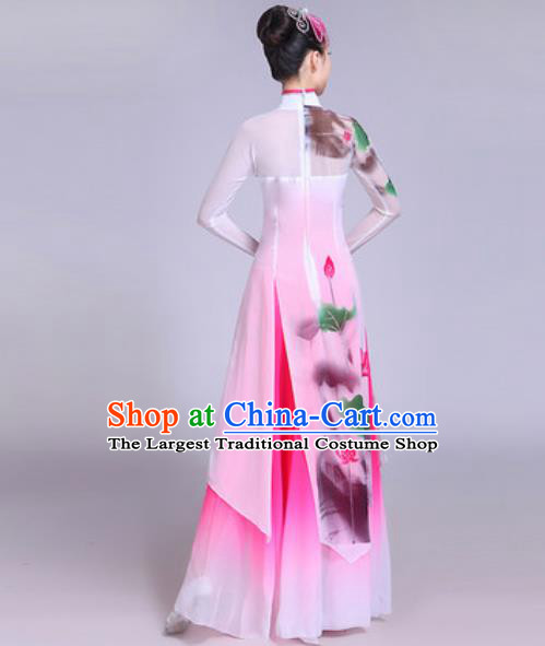 Chinese Classical Dance Printing Lotus Costumes Traditional Group Dance Umbrella Dance Dress for Women