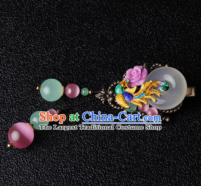 Chinese Traditional Hair Accessories National Hanfu Blueing Phoenix Tassel Jade Hair Stick for Women