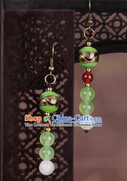 Chinese National Hanfu Classical Green Beads Earrings Traditional Ear Jewelry Accessories for Women