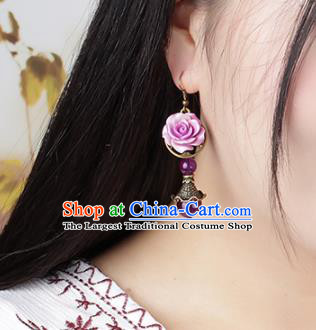 Chinese National Classical Hanfu Purple Rose Earrings Traditional Ear Jewelry Accessories for Women