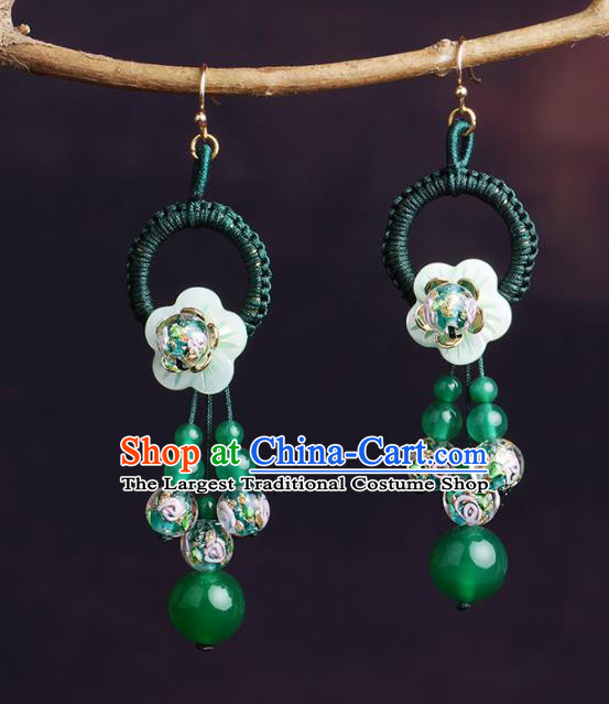 Chinese National Hanfu Classical Green Beads Tassel Earrings Traditional Ear Jewelry Accessories for Women
