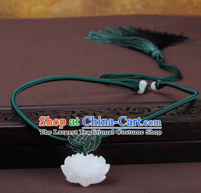 Chinese Yunnan National Classical Carving Lotus Jade Necklace Traditional Hanfu Jewelry Accessories for Women