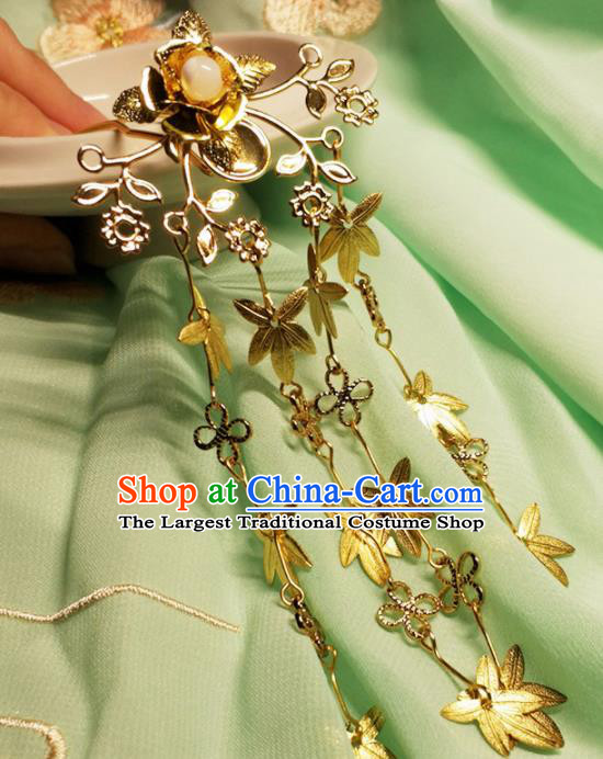 Handmade Chinese Traditional Golden Leaf Tassel Hairpins Ancient Classical Hanfu Hair Accessories for Women