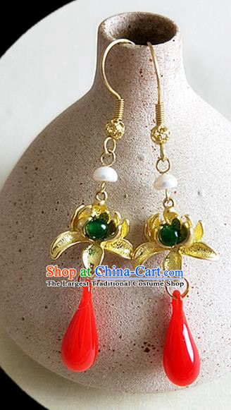 Chinese Ancient Handmade Lotus Earrings Traditional Classical Hanfu Ear Jewelry Accessories for Women