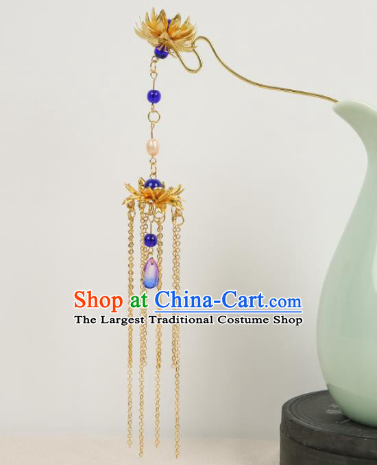 Chinese Ancient Traditional Hanfu Hairpins Golden Lotus Tassel Hair Clips Handmade Classical Hair Accessories for Women