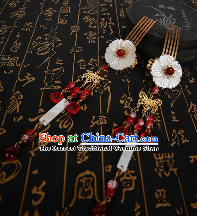Chinese Ancient Traditional Hanfu Red Tassel Hair Comb Hairpins Handmade Classical Hair Accessories for Women