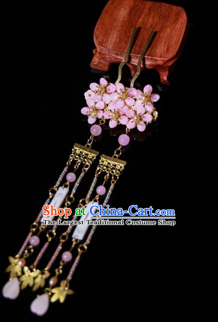 Chinese Ancient Traditional Hanfu Pink Crystal Tassel Hairpins Handmade Classical Hair Accessories for Women