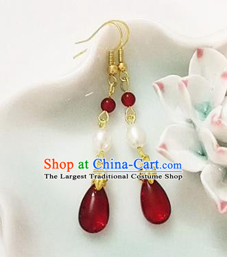 Chinese Ancient Handmade Red Agate Pearl Earrings Traditional Classical Hanfu Ear Jewelry Accessories for Women