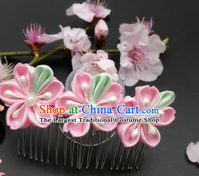 Asian Japanese Traditional Geisha Pink Flowers Hair Comb Japan Kimono Handmade Classical Hair Accessories for Women