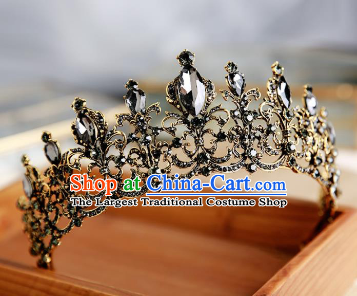 Handmade Top Grade Bride Hair Accessories Baroque Black Crystal Round Royal Crown for Women