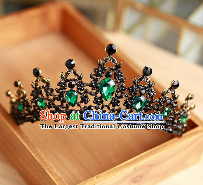 Handmade Top Grade Bride Hair Accessories Baroque Queen Green Crystal Black Royal Crown for Women